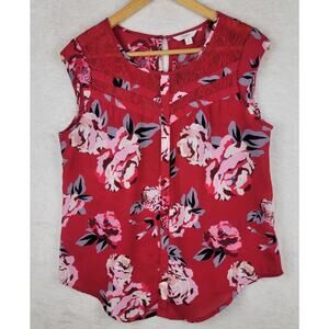 Bohemian Sz M Top Sleeveless Red Floral Lace Pullover Tropical Hawaiian Beach